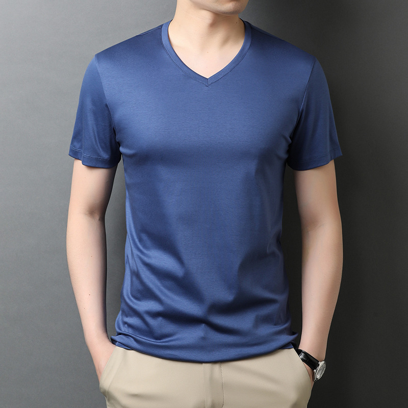 Men's Summer Casual V-Neck Solid Color Short-Sleeve Pure Cotton T-Shirt
